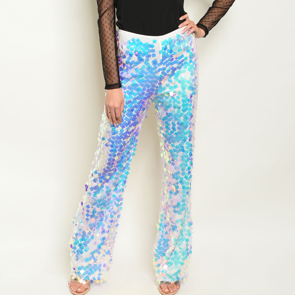 Ladies Blue White Sequin Wide Leg Pants Bottoms - Picture 2 of 4